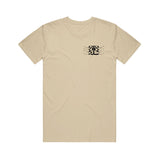 Image of the front of an oatmeal colored tshirt against a white background. The left chest of the tee in black features the 333 symbol logo. behind that in small black text are lyrics to the song bouncin. 