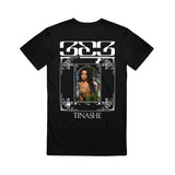 Photo of back of the Tinashe 333 tee shirt.  Back has "333 logo and "Tinashe" in white and features a color print of Tinashe wearing a revealing gold outfit outlined by white scroll and border outtine.