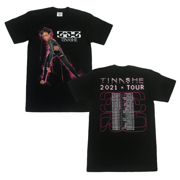 Image of the front and back of a black tshirt against a white background. The shirt features a full body photograph of tinashe, wearing a black bodysuit. Next to this in white text reads 