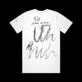 image of the back of a white tee shirt. black scribble print covering the back