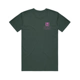 Image of the front of a moss colored tee against a white background. The left chest of the tee in pink features the 333 symbol logo. Below this in small pink text are lyrics to the song bouncin.