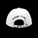 image of the back of a white dad hat. black embroidery says BB/ANG3L  tinashe