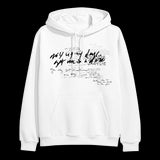 image of the front of a white pullover hoodie. black scribble print across front chest