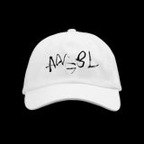 image of the front of a white dad hat. across the front is black embroidery that says ang3l