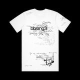 image of the front of a white tee shirt. black scribble print across the whole shirt