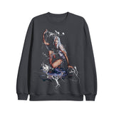 image of the front of a charcoal crewneck sweatshirt. crewneck has a full bdy print of tinashe. 