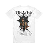 image of the back of a white tee shirt on a white background. tee has a full back print. the top says tinashe across the shoulders with a photo of her in the center. surrounding the photo are the Eurpoe and United States tour dates and locations.