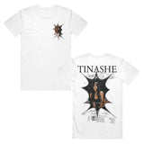 image of the front and back of a white tee shirt on a white background. front of the tee is on the right and has a small chest print on the right of tinashe's left eye with water droplets. the back of the tee is on the right and has a full back print. the top says tinashe across the shoulders with a photo of her in the center. surrounding the photo are the Eurpoe and United States tour dates and locations.