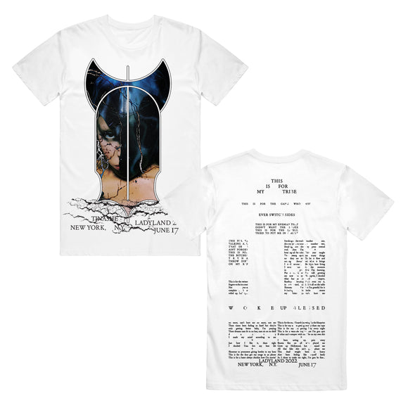 image of the front and back of a white tee shirt on a white background. front of the tee is on the left and has a full body print of tinashe's left side of her face with lightning bolts below and in black across the bottom says tinashe ladyland new york june 17. the back of the tee is on the right and has a full back print in black that is all words for this is for the tribe.