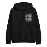 Photo of front of the black Tinashe 333 hooded sweatshirt. Front has white flower pattern and "Tinashe" on left chest area. 