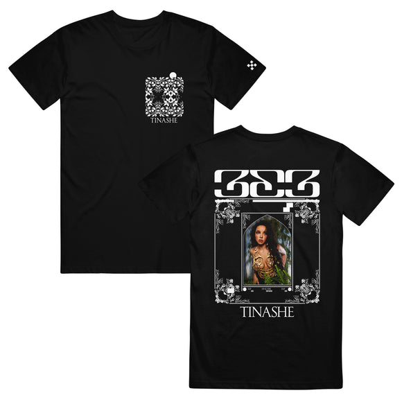 Photo of front and back of the black Tinashe 333 Tee shirt. Front has white flower pattern and 