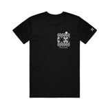 Photo of front of the black Tinashe 333 Tee shirt. Front has white flower pattern and "Tinashe" on left chest area and small white checker print on the left sleeve.