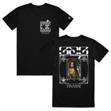 Photo of front and back of the black Tinashe 333 Tee shirt. Front has white flower pattern and "Tinashe" on left chest area. Back has "333 logo and "Tinashe" in white and features a color print of Tinashe wearing a revealing gold outfit.