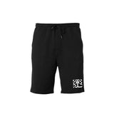 Photo of the front of the Tinashe 333 logo black shorts.  Front of shorts has draw strings, elastic waistband, small white Tinashe 333 logo in white on the left of shorts.