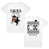 Image of the front and back of a white tshirt against a white background. The front of the tee in black text across the chest reads 333. below that says tinashe. below that in small black text is the track listing to the album 333. There is an image of tinashe posing in a black outfit on the ground against the white color of the tshirt. the back of the shirt features a pixelated abstract flowery design in black and in the shape of a square. Below this in black text reads "tinashe".