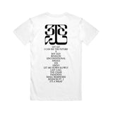 Image of the back of a white tshirt against a white background. The back of the shirt in the center shoulder area in black features the "333" logo symbol. Below this in black text lists the track listing for tinashe's album 333.