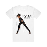 Image of the front of a white tshirt against a white background. The left side of the shirt features an image of tinashe standing in a black outfit striking a pose. Next to her in black text reads "333" and below that "tinashe". 