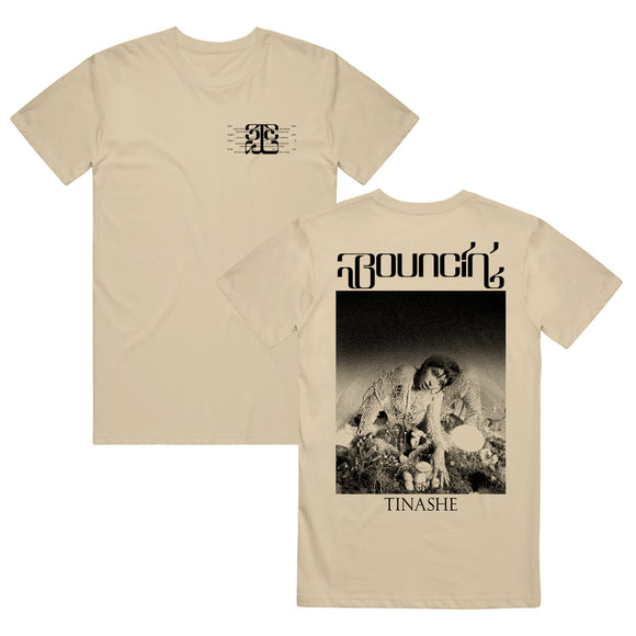 Image of the front and back of an oatmeal colored tshirt against a white background. The left chest of the tee in black features the 333 symbol logo. behind that in small black text are lyrics to the song bouncin. The back of the tee says 