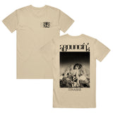 Image of the front and back of an oatmeal colored tshirt against a white background. The left chest of the tee in black features the 333 symbol logo. behind that in small black text are lyrics to the song bouncin. The back of the tee says "bouncin'" across the shoulder area in black. Below that is a rectangle and inside of the rectangle is a photo of tinashe sitting down, looking at the camera. Below this in black text reads "tinashe".
