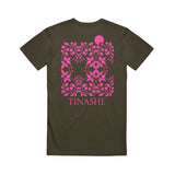 Image of the back of a hunter green tshirt against a white background. the back of the shirt features a pixelated abstract flowery design in pink and in the shape of a square. Below this in pink text reads "tinashe".