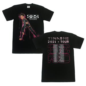 Image of the front and back of a black tshirt against a white background. The shirt features a full body photograph of tinashe, wearing a black bodysuit. Next to this in white text reads "333, tinashe". There is a red/orange smoke effect around Tinashe. The back of the shirt in white dotted text reads "tinashe". Below this in white text reads 2021 tour. Below this is an outline to the 333 logo in red, with the tour dates printed over top of it in white text.