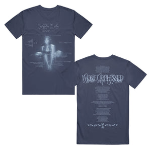image of the front and back of a navy tee shirt on a white background. front of tee is on the left and has a full body print in light blue of Tinashe in the center crouched down and her track list around her. the back of the tee is on the right and has a full back print in light blue, across the shoulders says woke up blessed and then lyrics filling the rest of the shirt.