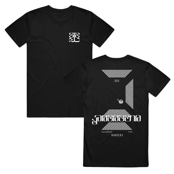 Image of the front and back of a black tshirt against a white background. The left chest features the tinashe 333 logo in white. The logo is a 3 facing the right way, mirrored by a 3 facing the opposite way, connected to a large 3 that is sideways and across the bottom of the other two 3's, forming a square shaped logo. The back features a many small black and white checkers that make 3 walls. Across the bottom floor in white text reads 