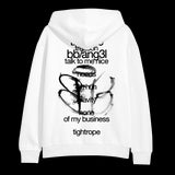 image of the back of a white pullover hoodie. black print on back of the bb angel track list