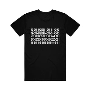 Image of a black tshirt against a white background. The shirt has white text with an echo effect to it. The center of the shirt says "songs for you" in white text that is upside down. Above and below that are an echo effect of the words repeating multiple times, but it only shows some of the letters and the rest are cut off so that you can only read the main text in the center.